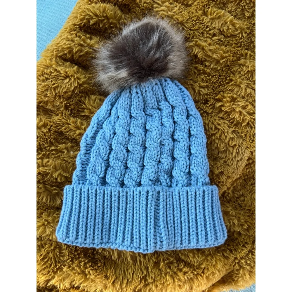 Women's Winter Collection Blue Cable Knit Beanie Hat with Brown Pom One Size
